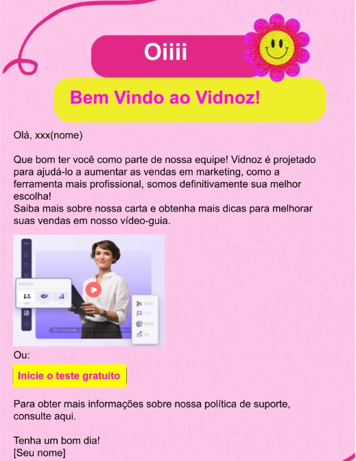 Um e-mail de boas-vindas dos modelos de e-mail marketing de Vidnoz Flex
